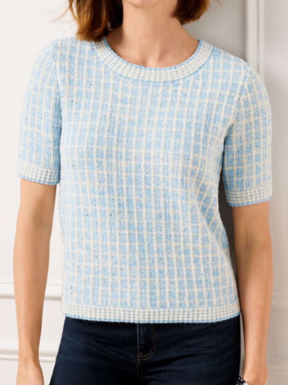 Talbots SHORT SLEEVE CREWNECK SWEATER SEQUIN PLAID blue cream 2X